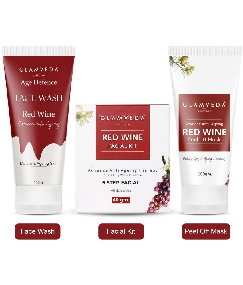     			Glamveda Red Wine Advance Anti Ageing Combo Gift Pack | Reduces signs of ageing | Face Wash, Facial Kit & Peel Off Mask