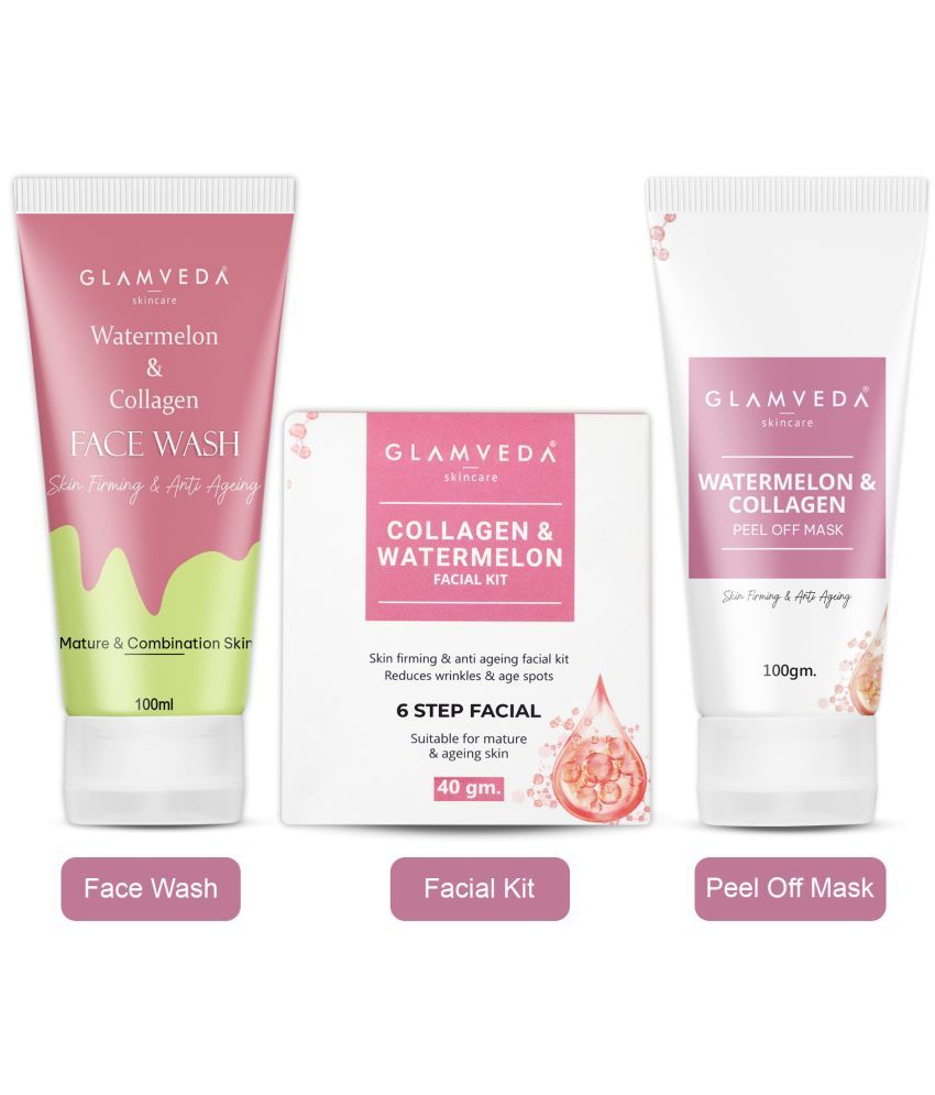     			Glamveda Watermelon & Collagen Anti Ageing Combo Gift Pack | Reduces signs of ageing | Face Wash, Facial Kit & Peel Off Mask