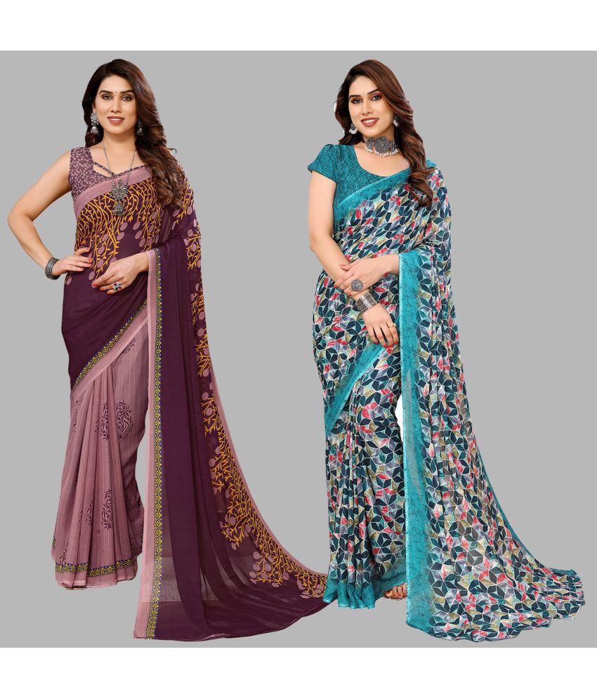     			Kashvi Sarees Georgette Printed Saree With Blouse Piece - Multicolour ( Pack of 2 )