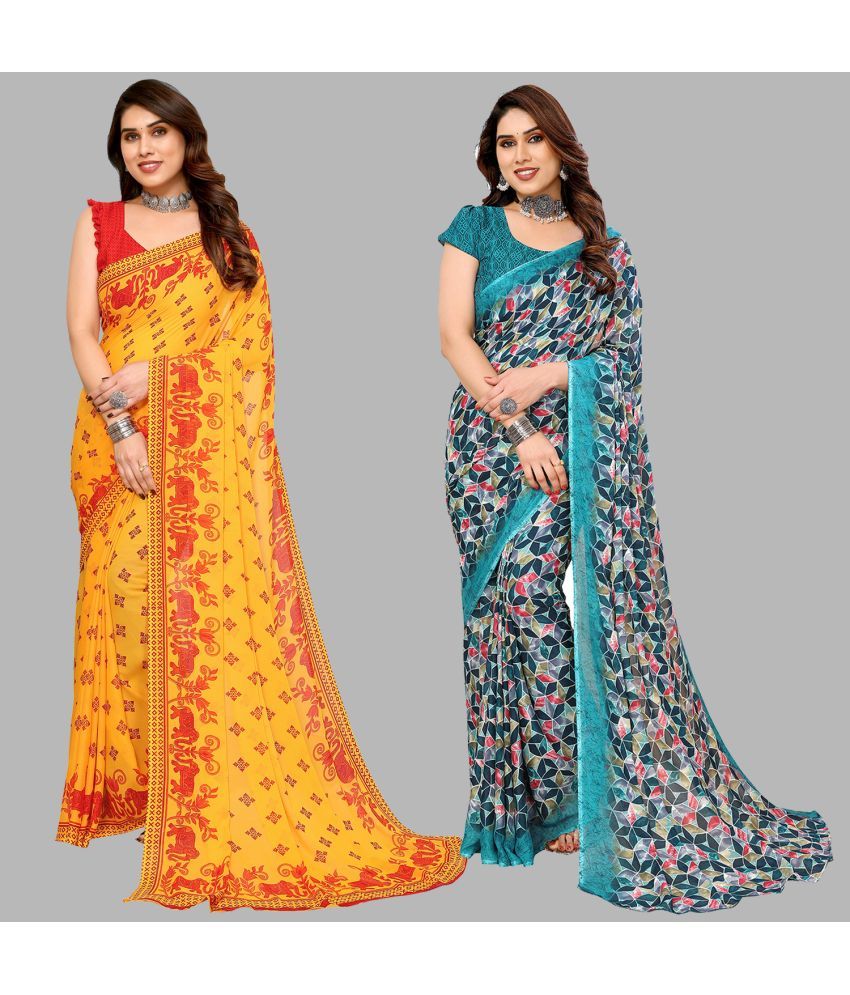     			Kashvi Sarees Georgette Printed Saree With Blouse Piece - Multicolour ( Pack of 2 )