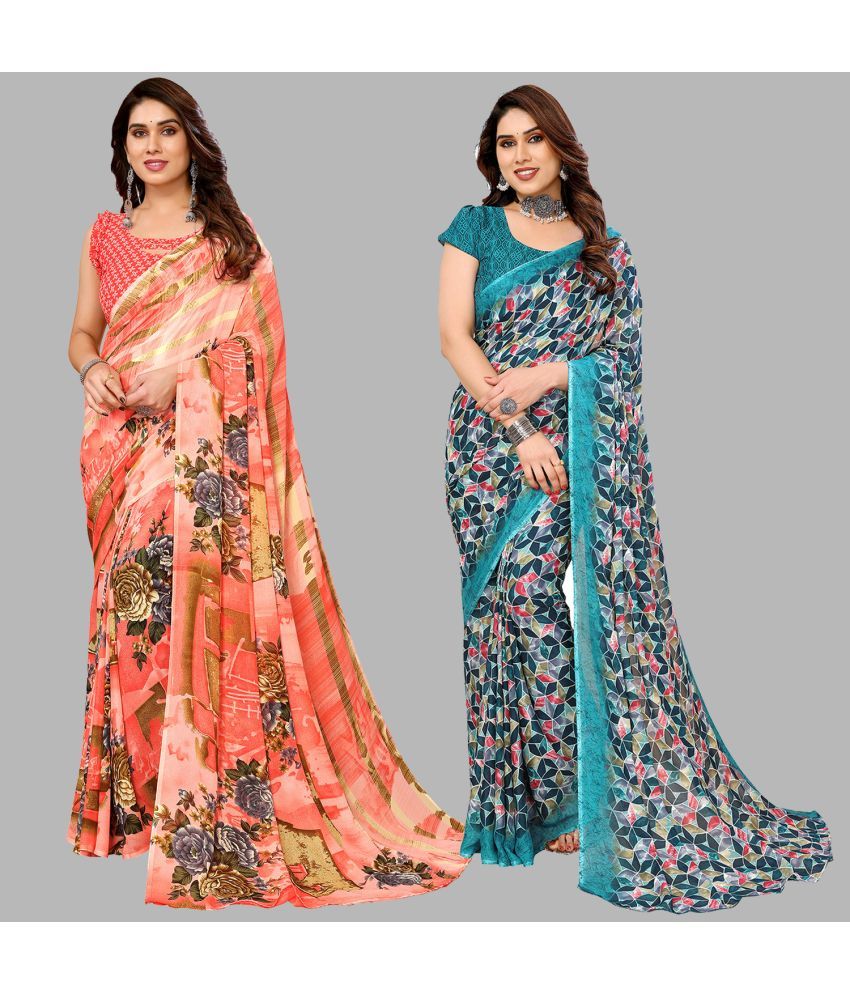     			Kashvi Sarees Georgette Printed Saree With Blouse Piece - Multicolour ( Pack of 2 )