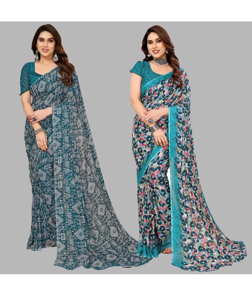     			Kashvi Sarees Georgette Printed Saree With Blouse Piece - Multicolour ( Pack of 2 )