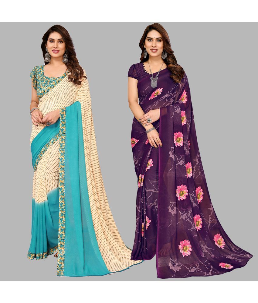     			Kashvi Sarees Georgette Printed Saree With Blouse Piece - Multicolour ( Pack of 2 )