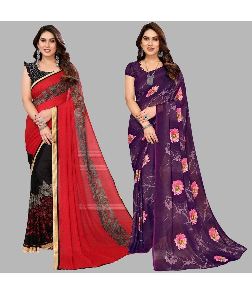     			Kashvi Sarees Georgette Printed Saree With Blouse Piece - Multicolour ( Pack of 2 )