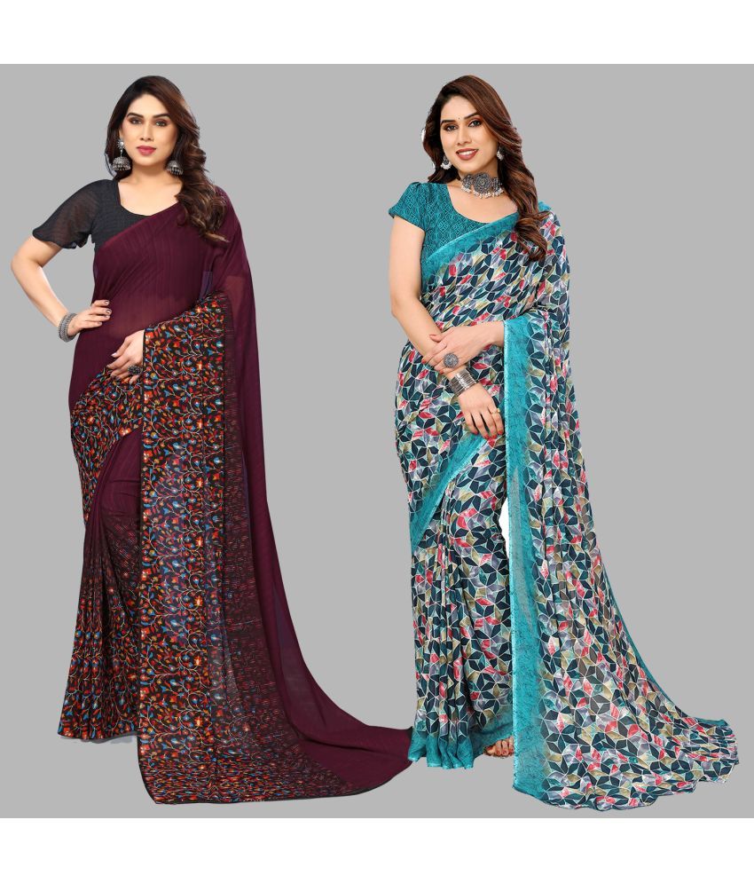     			Kashvi Sarees Georgette Printed Saree With Blouse Piece - Multicolour ( Pack of 2 )