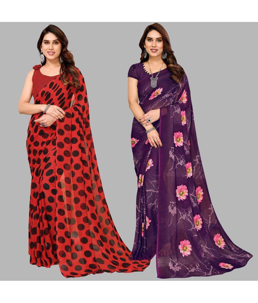     			Kashvi Sarees Georgette Printed Saree With Blouse Piece - Multicolour ( Pack of 2 )