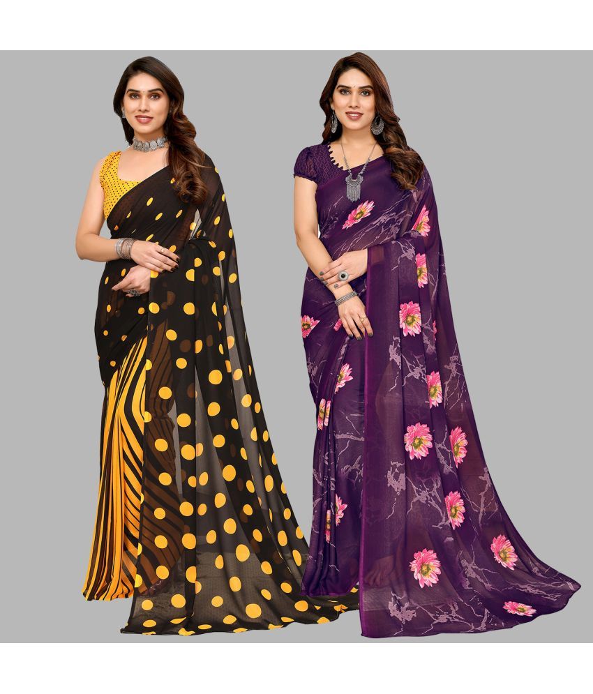     			Kashvi Sarees Georgette Printed Saree With Blouse Piece - Multicolour ( Pack of 2 )