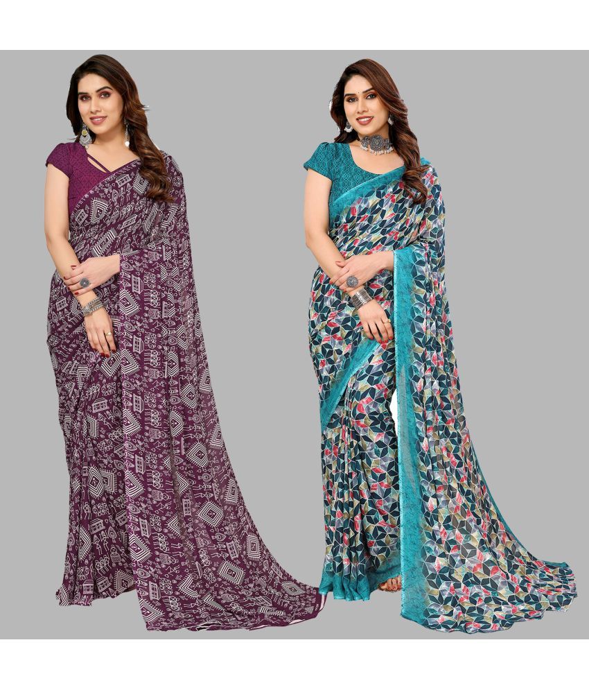     			Kashvi Sarees Georgette Printed Saree With Blouse Piece - Multicolour ( Pack of 2 )