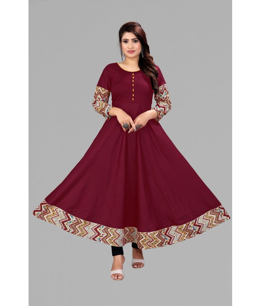     			MEESORRA Rayon Printed Anarkali Women's Kurti - Maroon ( Pack of 1 )