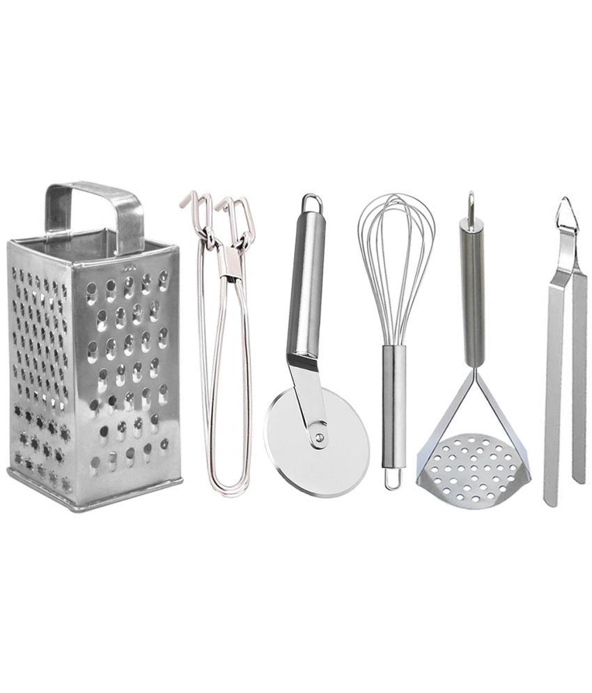     			OC9 Silver Stainless Steel Grater+Pakkad+Pizza Cutter+Whisk+Chimta+Masher ( Set of 6 )