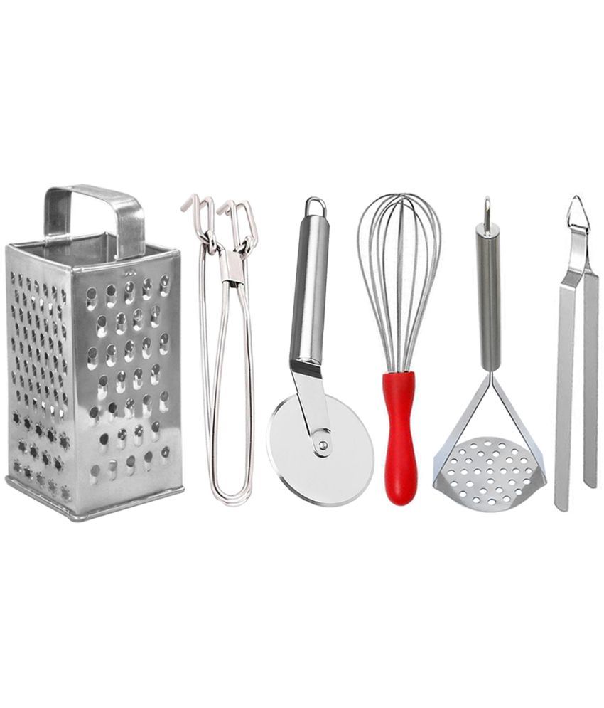     			OC9 Silver Stainless Steel Grater+Pakkad+Pizza+Whisk+Chimta+Masher ( Set of 6 )