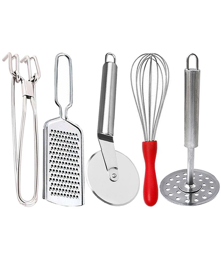     			OC9 Silver Stainless Steel Pakkad+Grater+Whisk+Pizza Cutter+Masher ( Set of 5 )