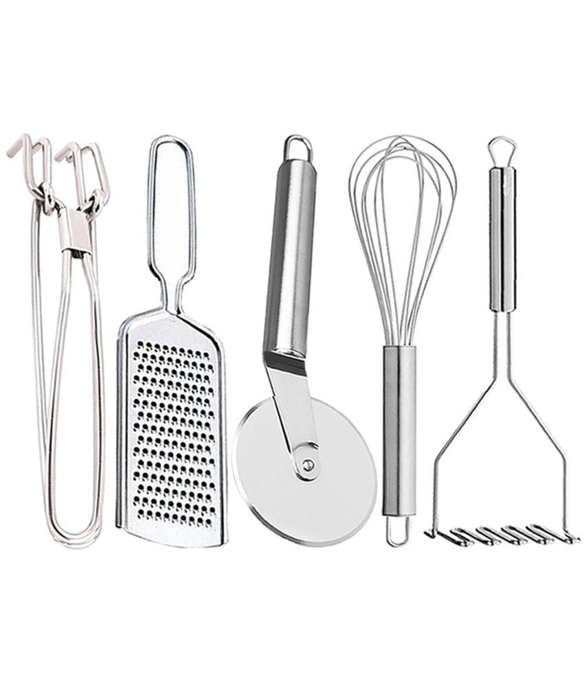     			OC9 Silver Stainless Steel Pakkad+Grater+Whisk+Pizza Cutter+Masher ( Set of 5 )