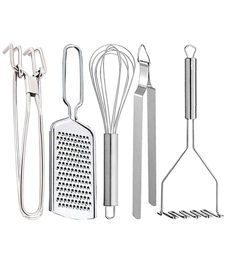     			OC9 Silver Stainless Steel Pakkad+Grater+Whisk+Chimta+Masher ( Set of 5 )