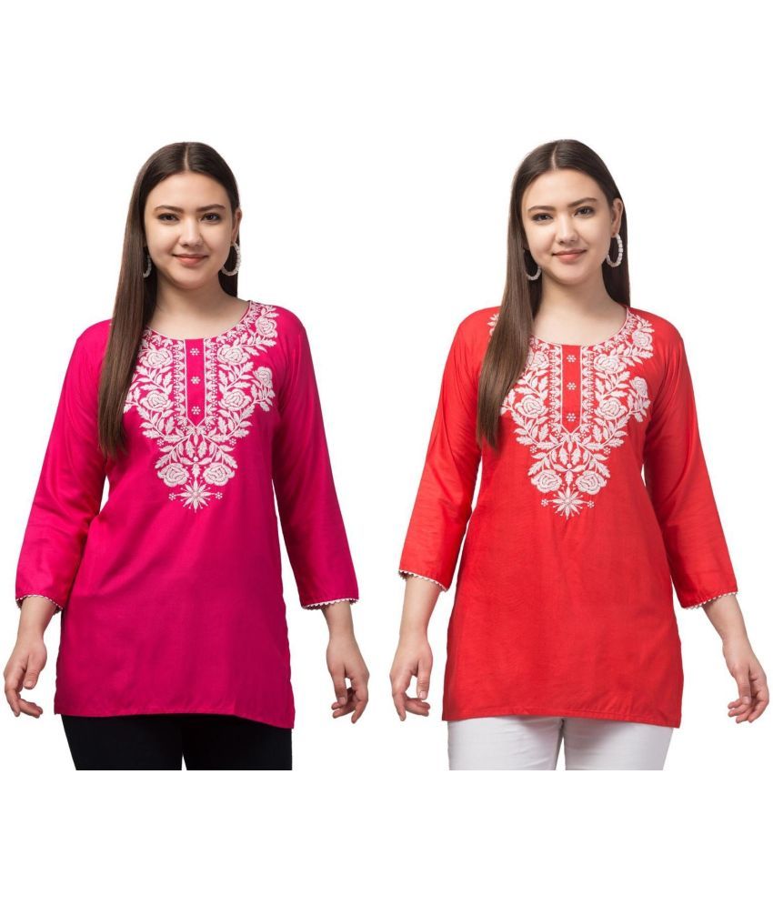     			Aura Glam Rayon Embroidered A-line Women's Kurti - Multicolor5 ( Pack of 2 )