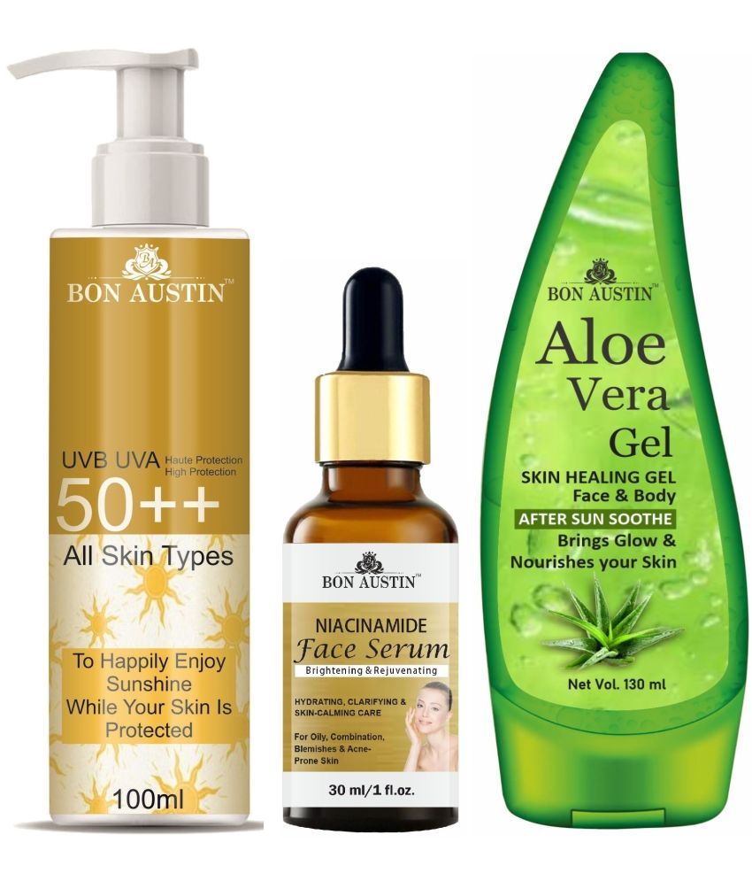     			Bon Austin Broad Spectrum SPF 50++ Sunscreen 100ML, Niacindamide Face Serum 30ML & Multipurpose Aloe Vera Gel 130ml - Combo of 3