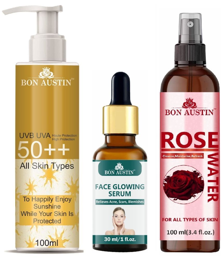     			Bon Austin Broad Spectrum SPF 50++ Sunscreen 100ML, Face Glowing Serum 30ML & Natural Rose Water 100ml - Combo of 3