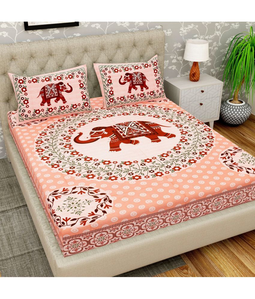     			Cosito Cotton Animal 1 Double Bedsheet with 2 Pillow Covers - Peach