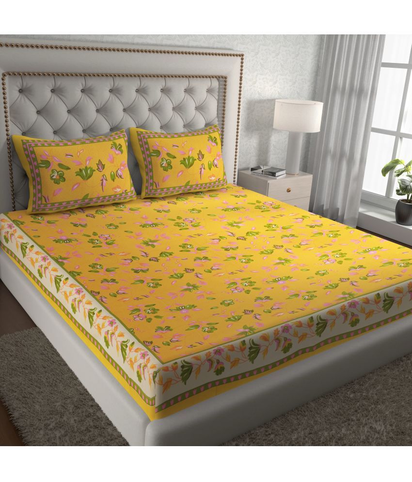     			Cosito Cotton Ethnic 1 Double Bedsheet with 2 Pillow Covers - Yellow