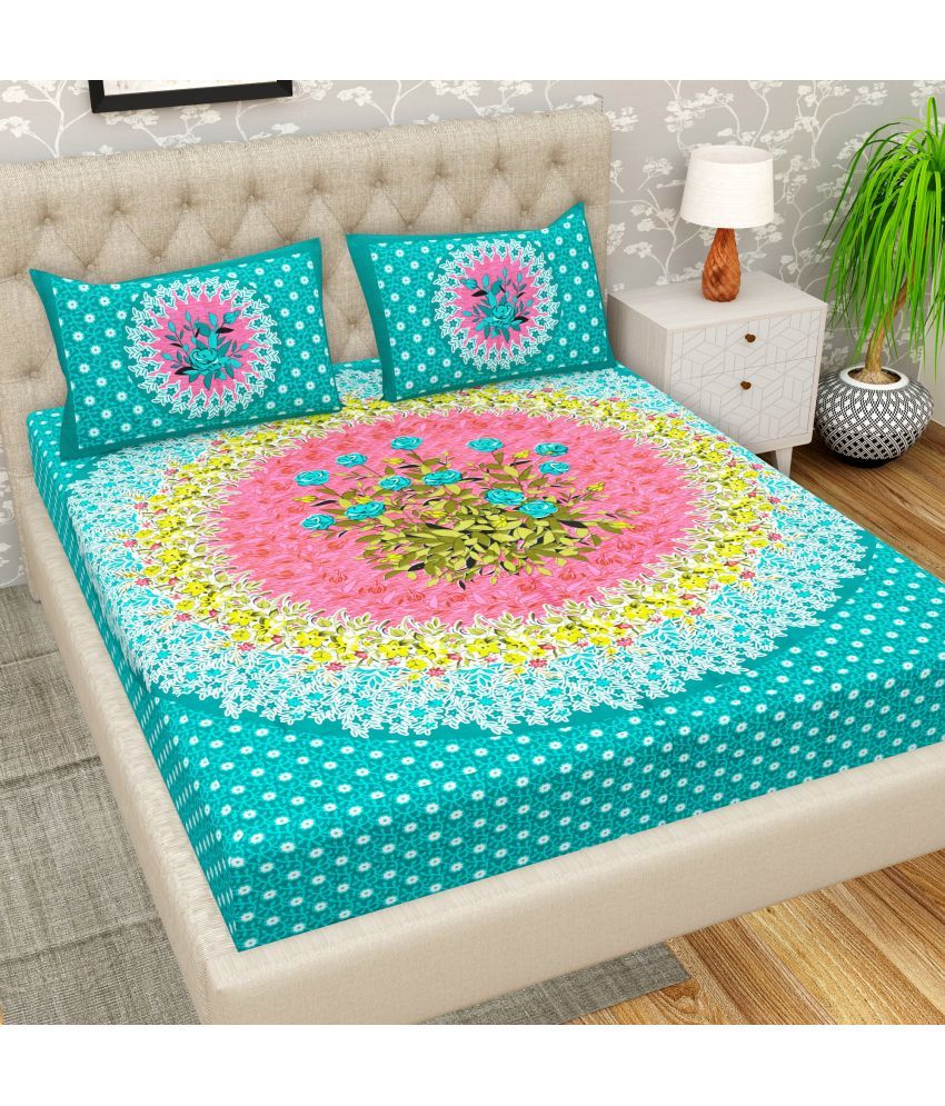     			Cosito Cotton Floral 1 Double Bedsheet with 2 Pillow Covers - Green