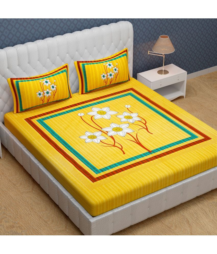     			Cosito Cotton Floral 1 Double Bedsheet with 2 Pillow Covers - Yellow