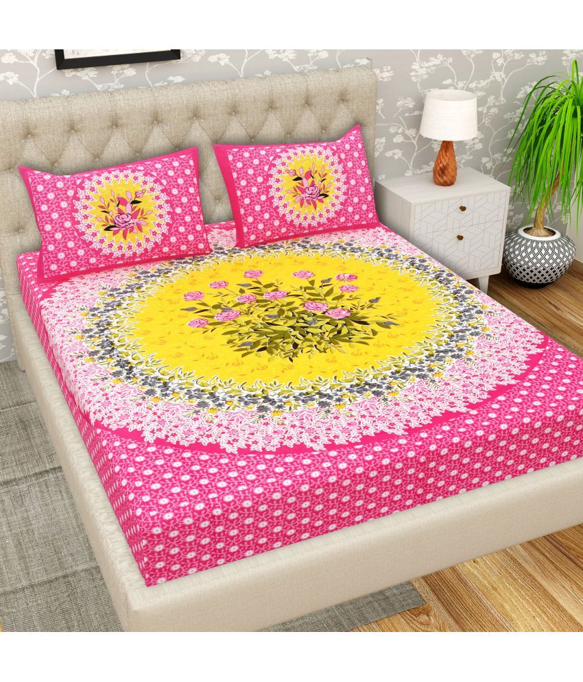     			Cosito Cotton Floral 1 Double Bedsheet with 2 Pillow Covers - Pink