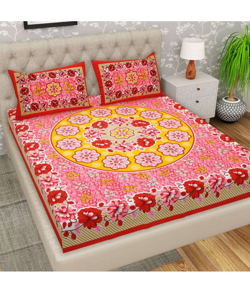     			Cosito Cotton Floral 1 Double Bedsheet with 2 Pillow Covers - Red