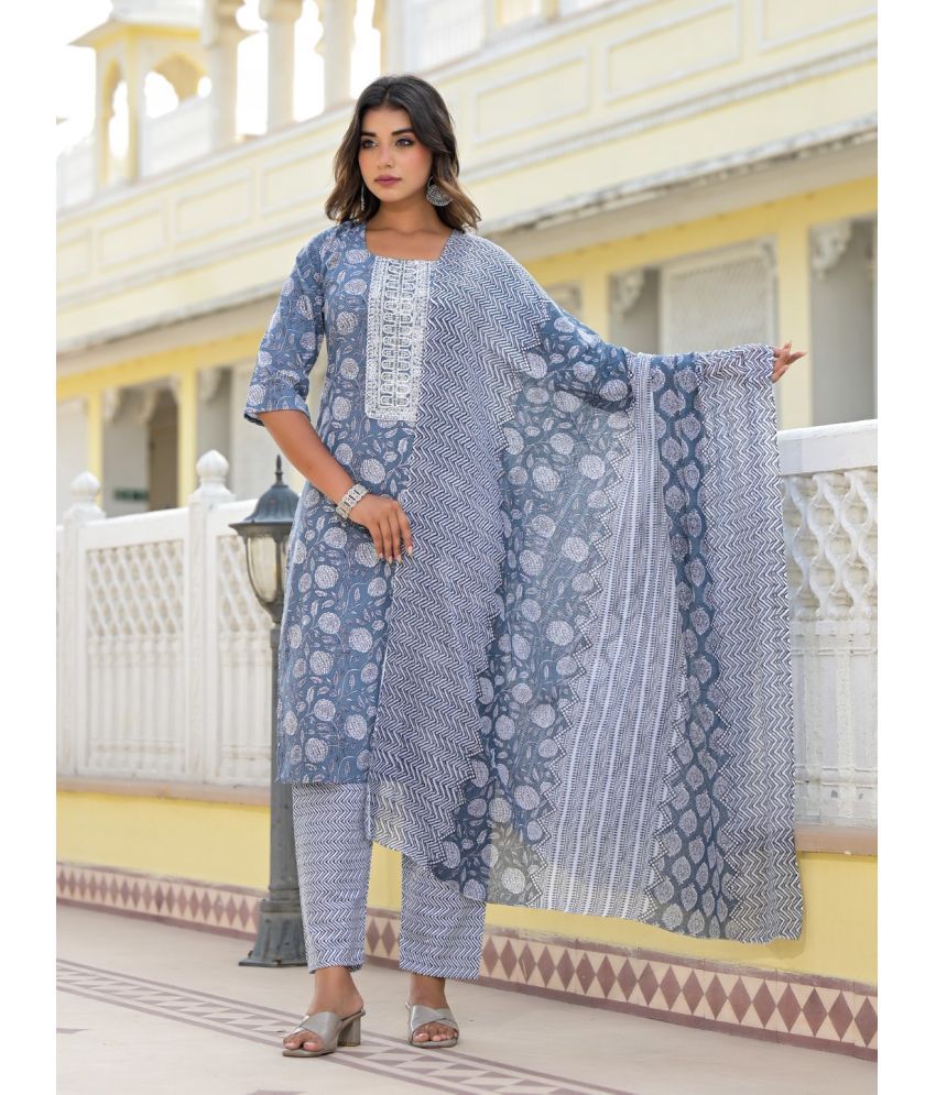     			Juniper Cotton Printed Kurti With Pants Women's Stitched Salwar Suit - Light Grey ( Pack of 1 )