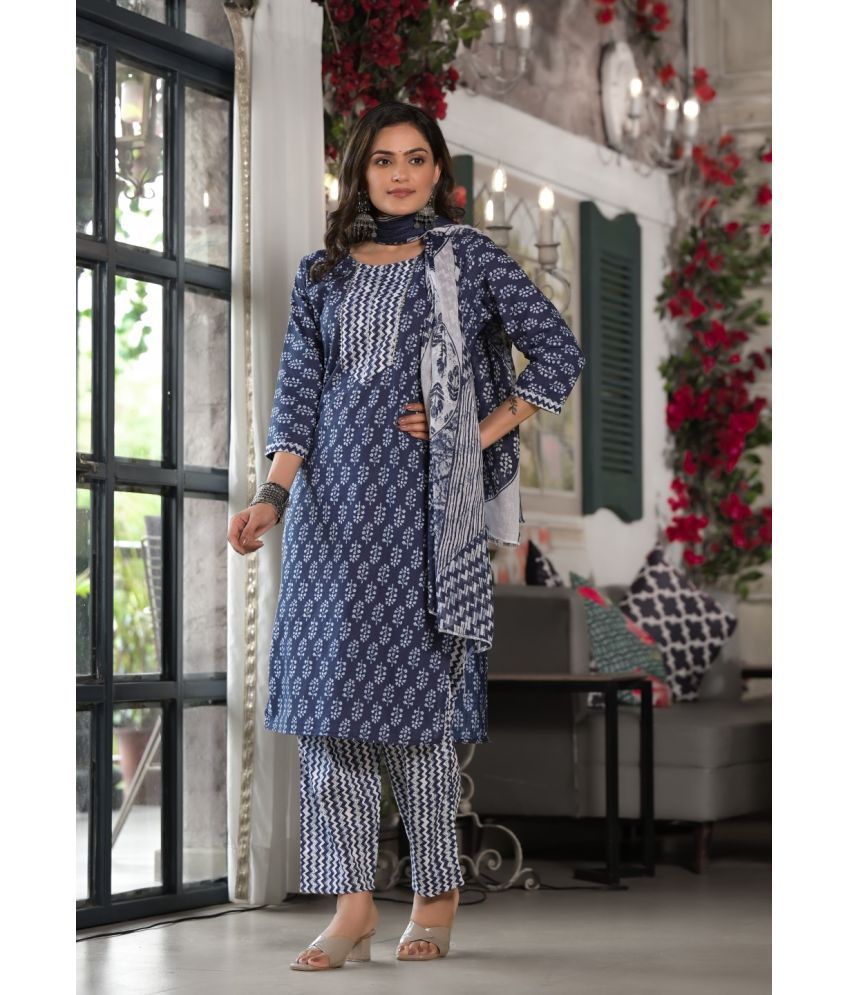     			Juniper Cotton Printed Kurti With Pants Women's Stitched Salwar Suit - Blue ( Pack of 1 )