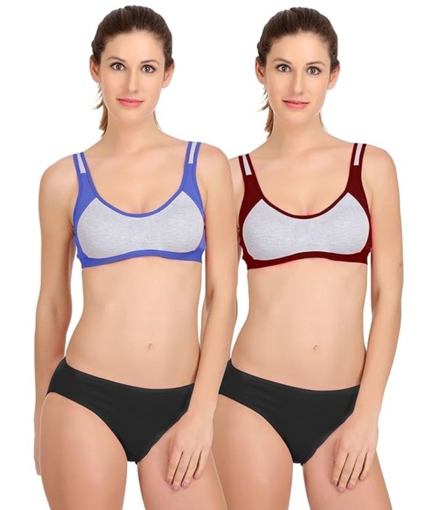     			Kiran Enterprises Blue,Maroon Cotton Women's Bra & Panty Set ( Pack of 2 )