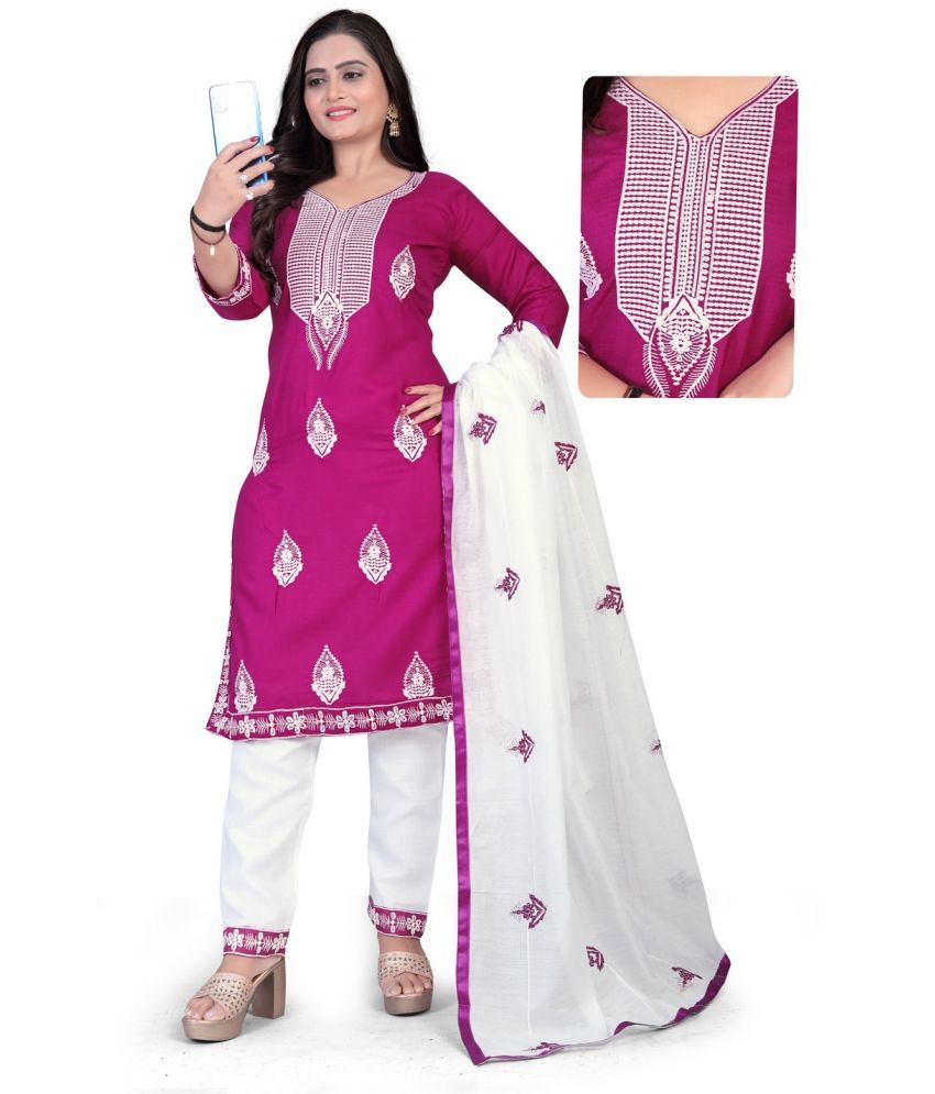     			Krihani Cotton Blend Embroidered Kurti With Pants Women's Stitched Salwar Suit - Wine ( Pack of 1 )