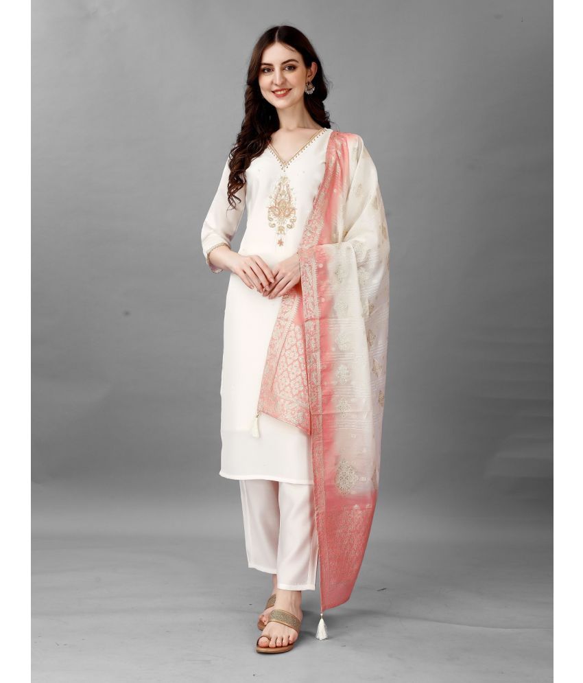     			MEHZEEL FAB Silk Blend Embroidered Kurti With Pants Women's Stitched Salwar Suit - Cream ( Pack of 1 )