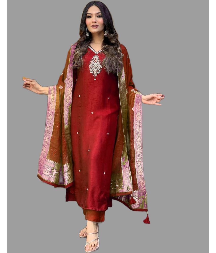     			MEHZEEL FAB Silk Blend Embroidered Kurti With Pants Women's Stitched Salwar Suit - Maroon ( Pack of 1 )