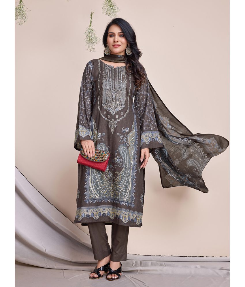     			MOJILAA Cotton Printed Kurti With Pants Women's Stitched Salwar Suit - Charcoal ( Pack of 1 )