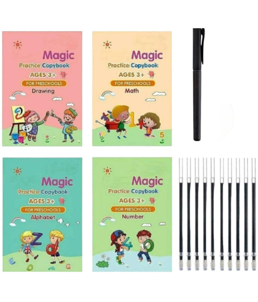     			Magic Practice Copybook, (4 Books + 1 Pen + 10 Refill) Number, Alphabet, Math and Drawing for Preschools Ages 3+