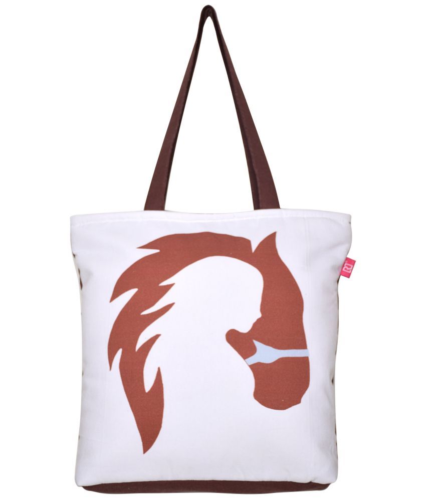     			Rich&Rich White,Brown Cotton Tote Bag