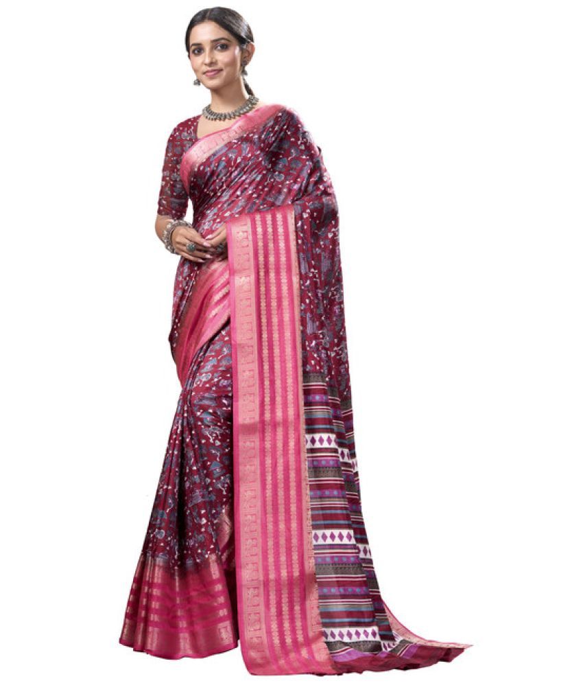     			Sanjana Silk Silk Blend Printed Saree With Blouse Piece - Maroon ( Pack of 1 )