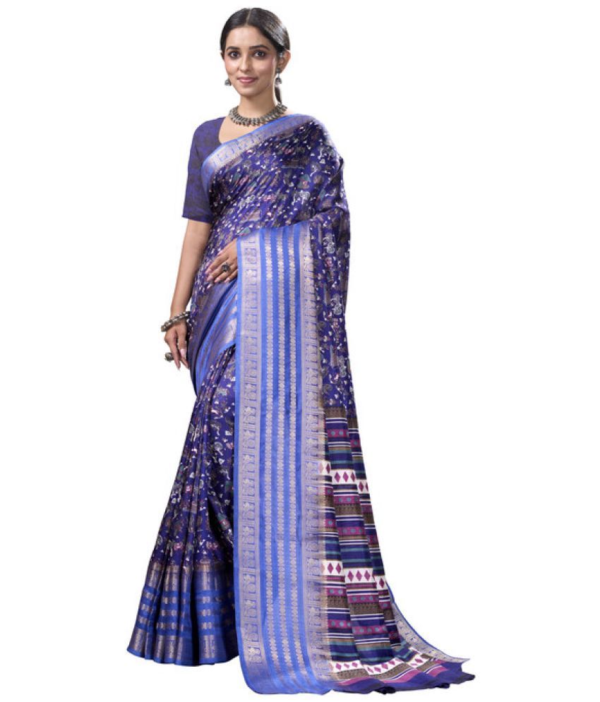     			Sitanjali Lifestyle Silk Blend Printed Saree With Blouse Piece - Navy Blue ( Pack of 1 )