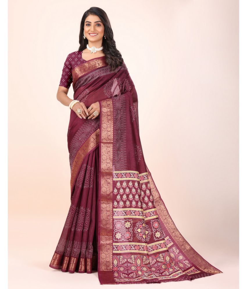     			Sitanjali Lifestyle Silk Blend Printed Saree With Blouse Piece - Maroon ( Pack of 1 )