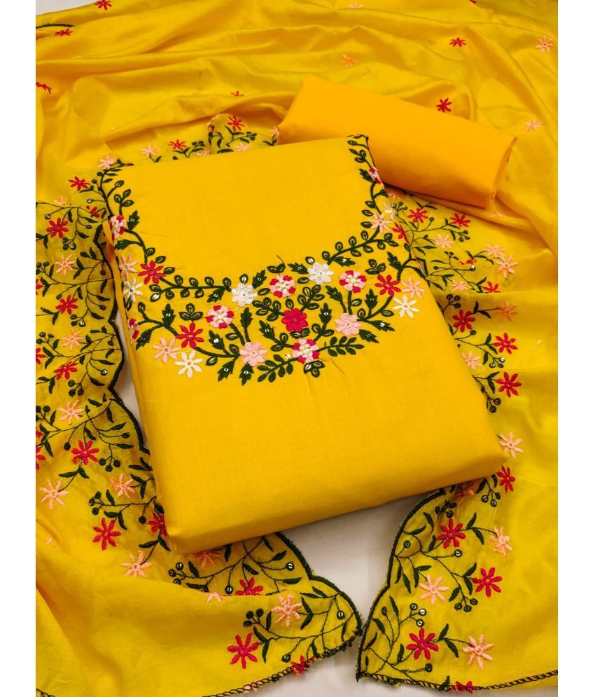     			ALSHOP Unstitched Cotton Blend Embroidered Dress Material - Yellow ( Pack of 1 )