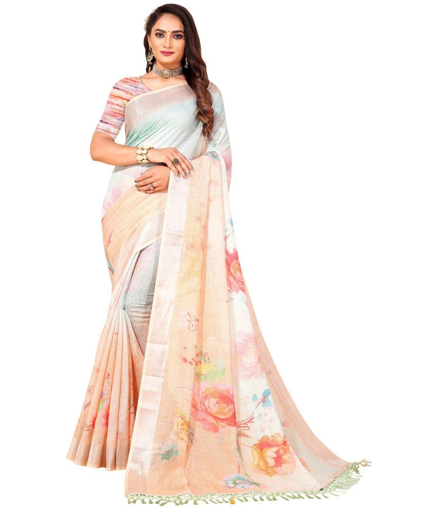     			AMTHI Linen Printed Saree With Blouse Piece - Multicolour ( Pack of 1 )