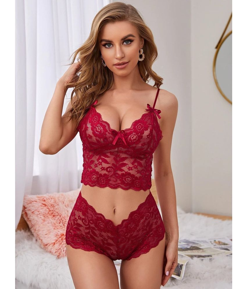     			COMFY ATTIRE Net Women's Bra & Panty Set ( Maroon )