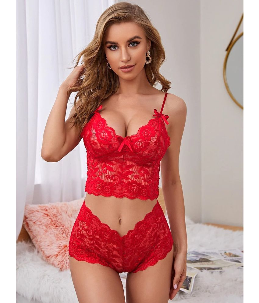     			COMFY ATTIRE Net Women's Bra & Panty Set ( Red )