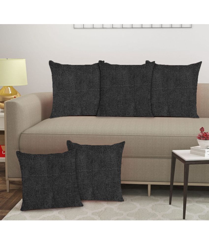     			Crosmo Set of 5 Jute Solid Square Cushion Cover (40X40)cm - Black