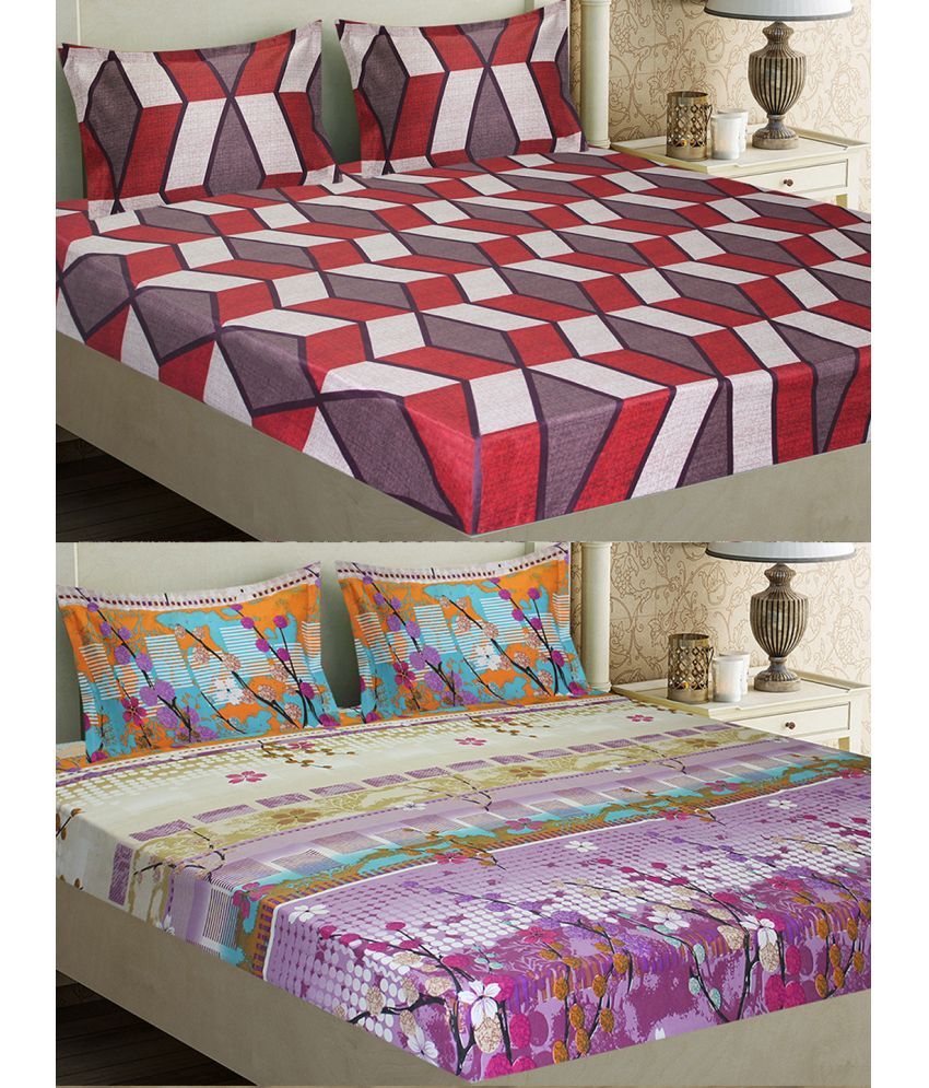     			Home Candy Microfiber Floral 2 Double Bedsheet with 4 Pillow Covers - Red