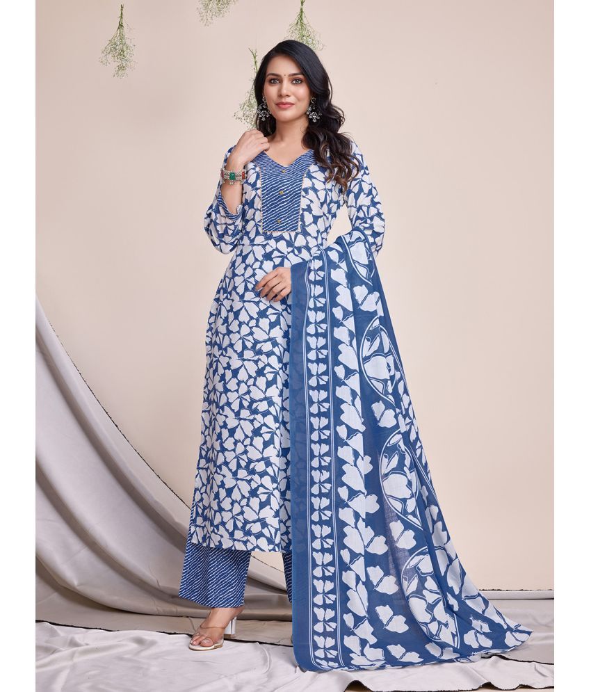     			MOJILAA Cotton Printed Kurti With Patiala Women's Stitched Salwar Suit - Blue ( Pack of 1 )