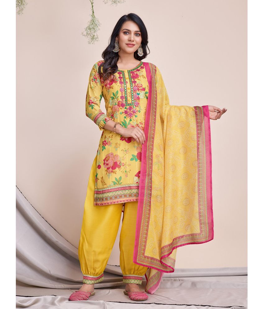     			MOJILAA Silk Printed Kurti With Patiala Women's Stitched Salwar Suit - Yellow ( Pack of 1 )