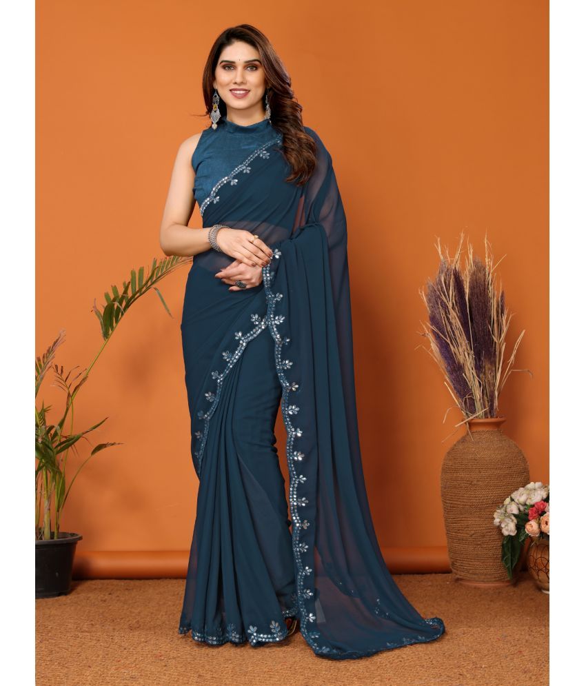     			Rangita Georgette Solid Saree With Blouse Piece - Teal ( Pack of 1 )