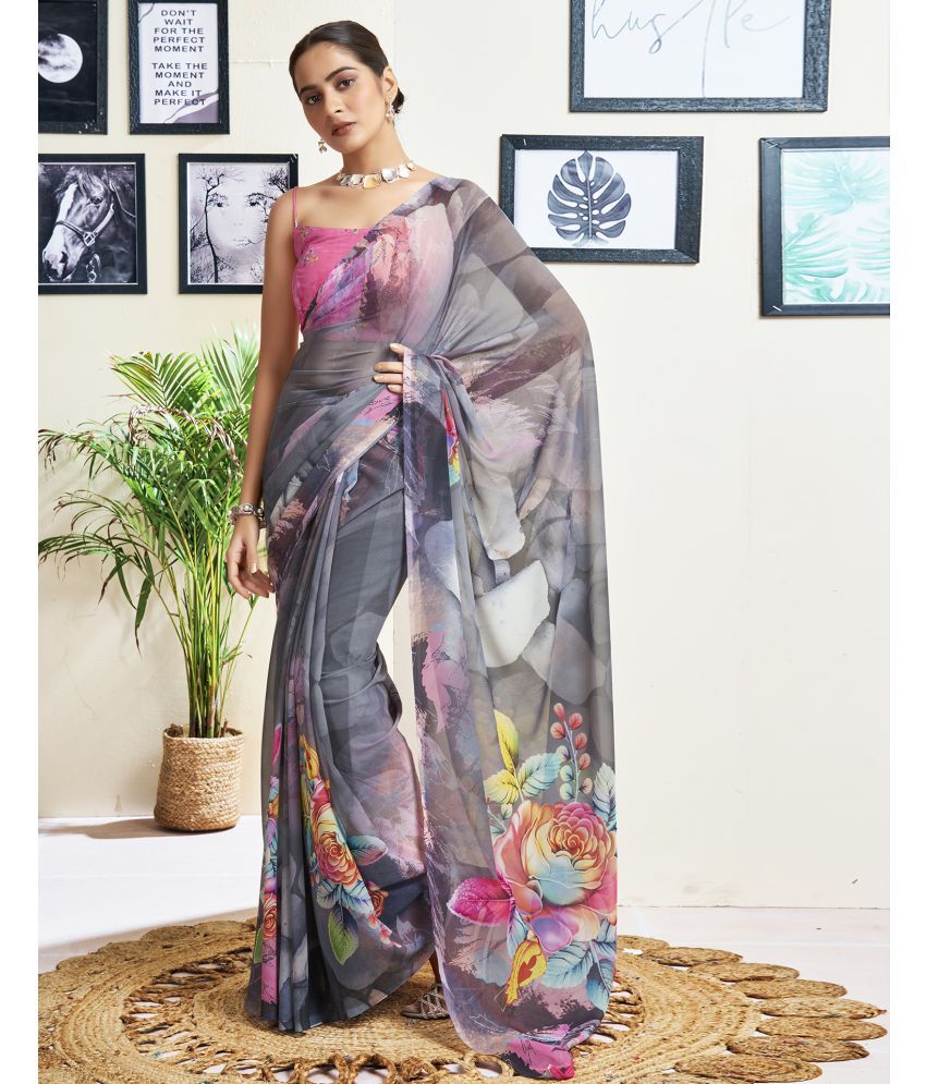     			Samah Georgette Printed Saree With Blouse Piece - Grey ( Pack of 1 )