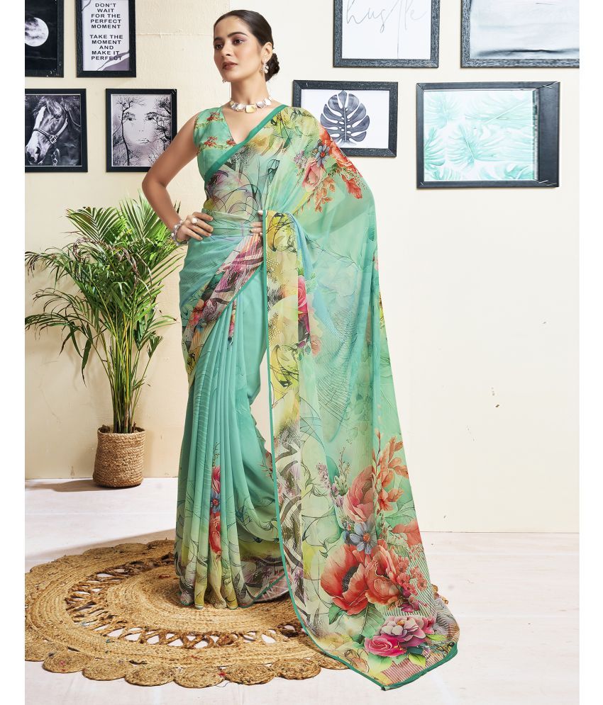     			Samah Georgette Printed Saree With Blouse Piece - Mint Green ( Pack of 1 )